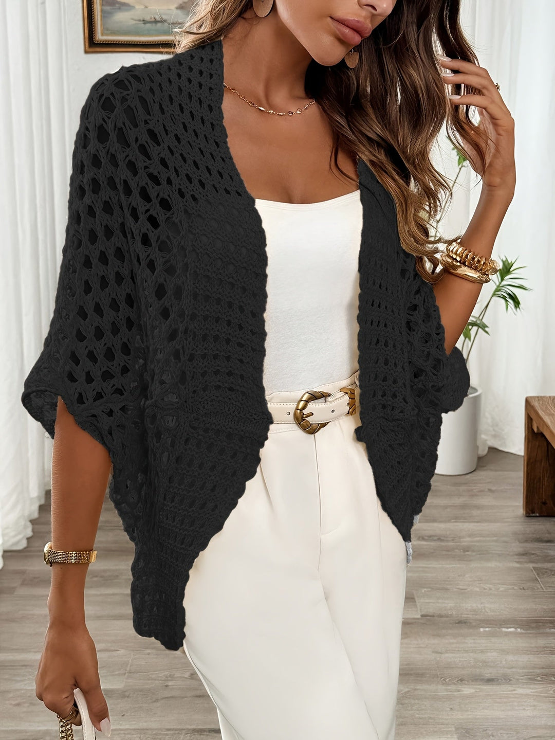 Etleva - Elegant Hollow Cardigan With Batwing Sleeves