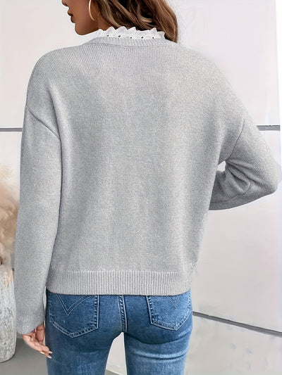 Kimbra - Stylish V-Neck Lace Trim Sweater