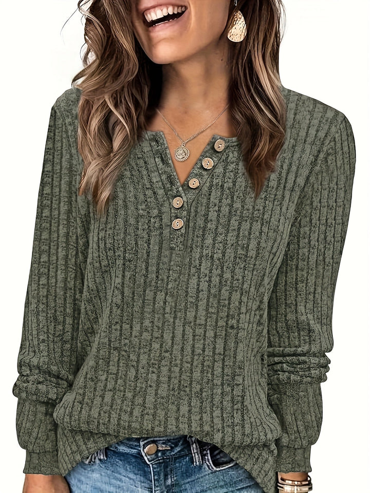 Roweelle - Long Sleeve Ribbed Button Henley Top