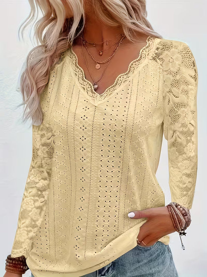 Shaleva - Stylish Long Sleeve Shirt With Lace V-Neck