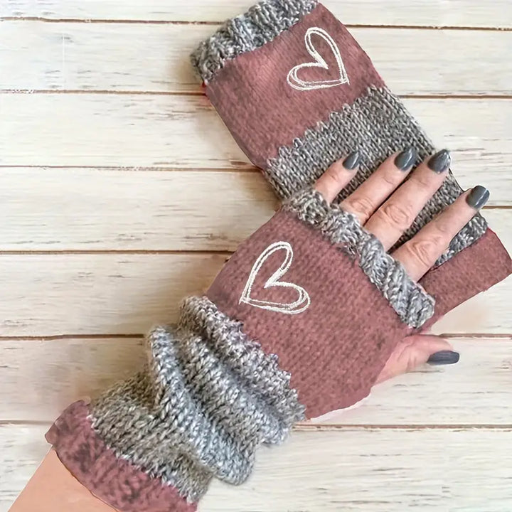 Eirlys - Knitted Fingerless Gloves With Heart Motif