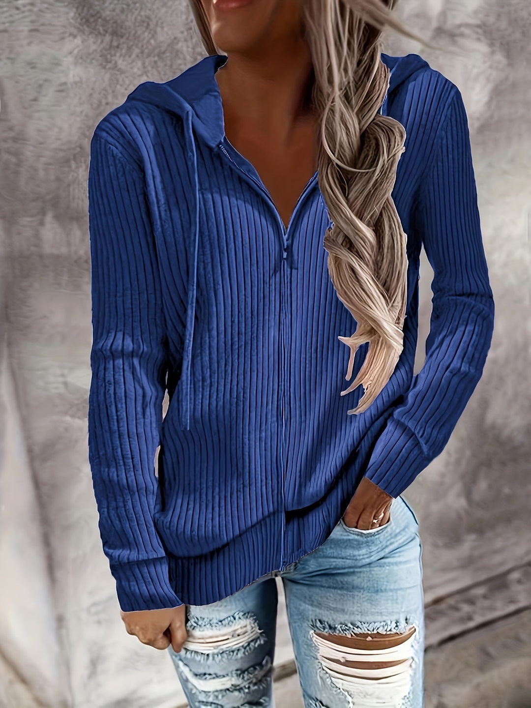 Tatjorina - Loose Fit Long Sleeve Ribbed Hooded Cardigan