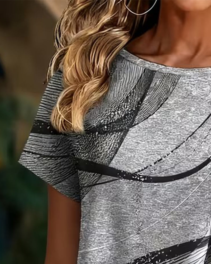 Zoniya - Asymmetrical Hem Printed Short Sleeve Top