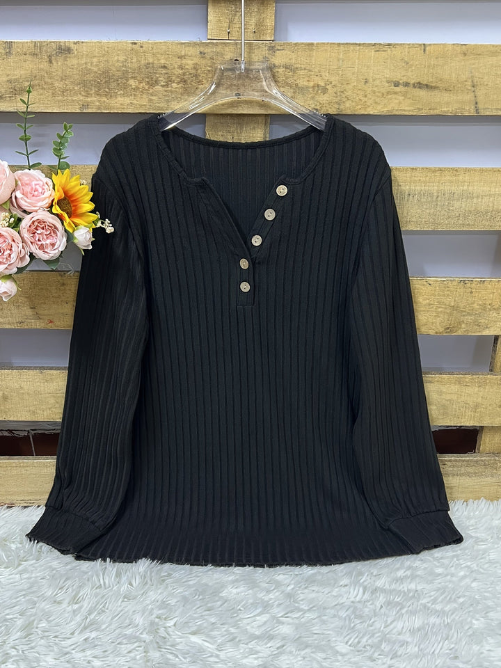 Roweelle - Long Sleeve Ribbed Button Henley Top