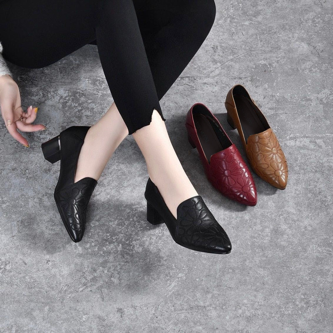 Minhora - Leather Embroidered Block Heel Pumps