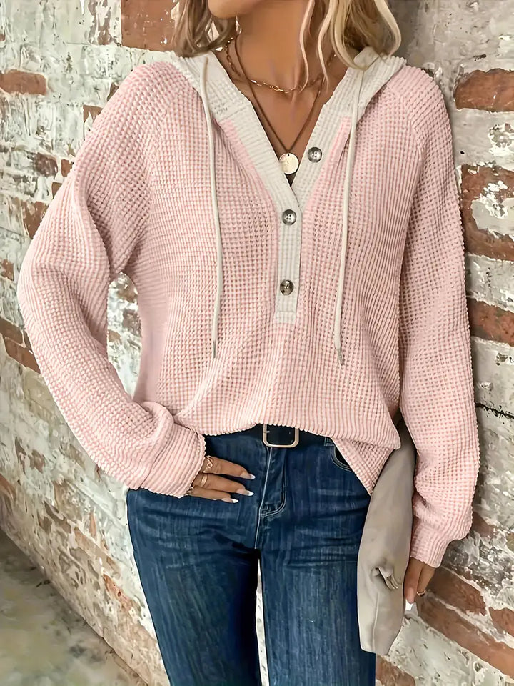 Snezhana - Long Sleeve Button Front Drawstring Hoodie