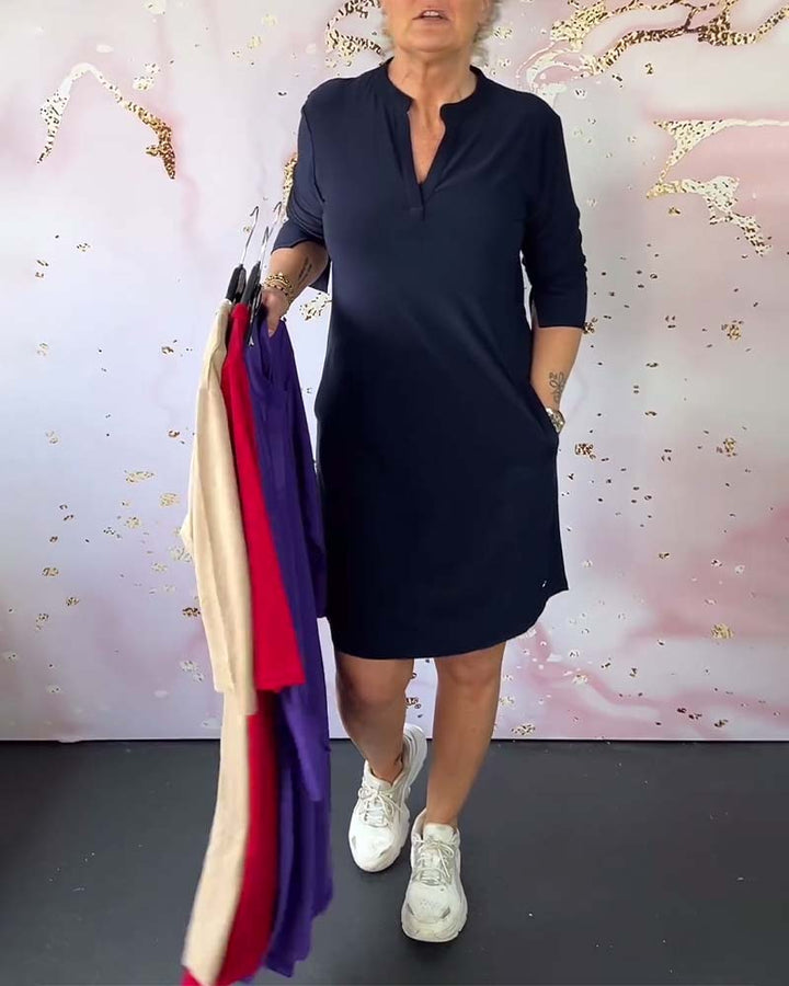 Sabela - Fashinable Plain Dress With V-neck