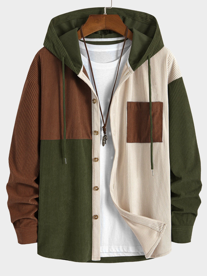 Elonzo - Colorblock Corduroy Hooded Shirt