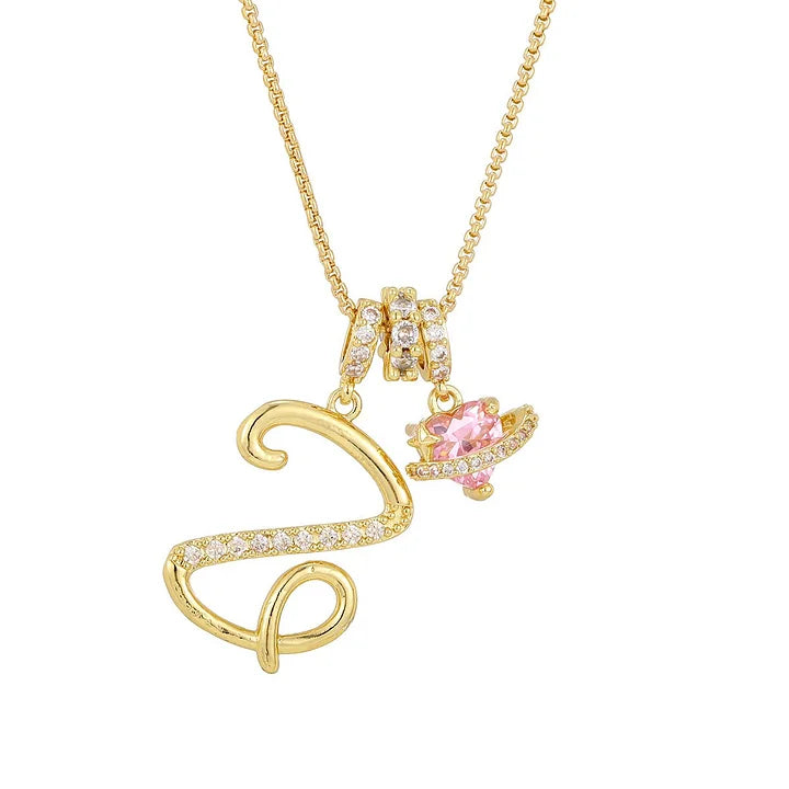 Nerute - Initial Letter Necklace With Pink Heart Charm