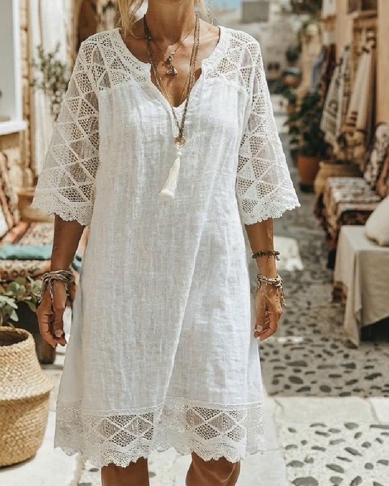 Kilina - V-neck Lace Patchwork Dress