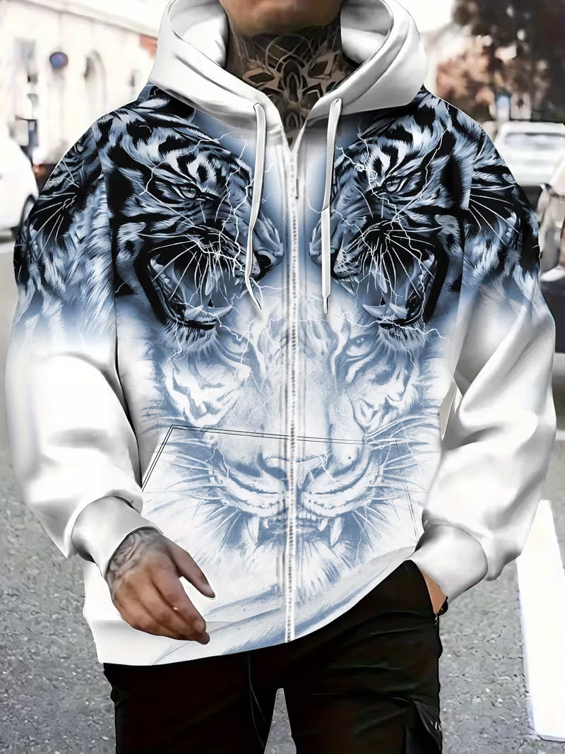 Luciano - Tiger Pattern Hooded Sweatshirt With Zipper