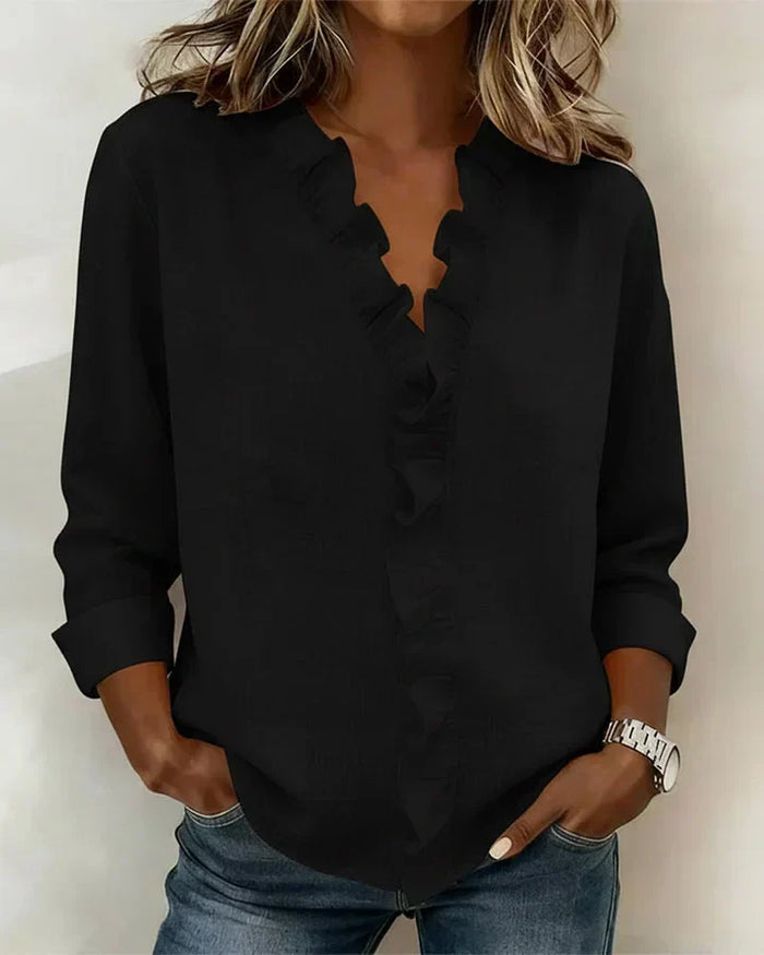 Pabasari - Stylish V-neck Blouse With Delicate Ruffles