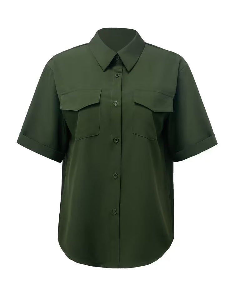 Ornilla - Lapel Short Sleeve Loose Shirt With Pocket