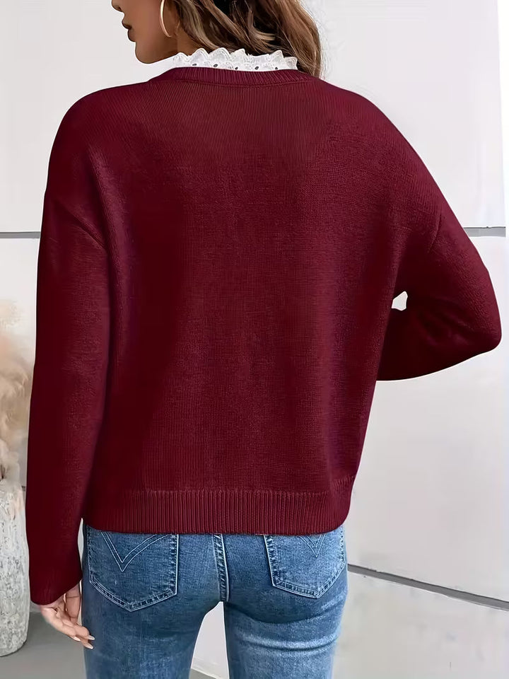 Kimbra - Stylish V-Neck Lace Trim Sweater