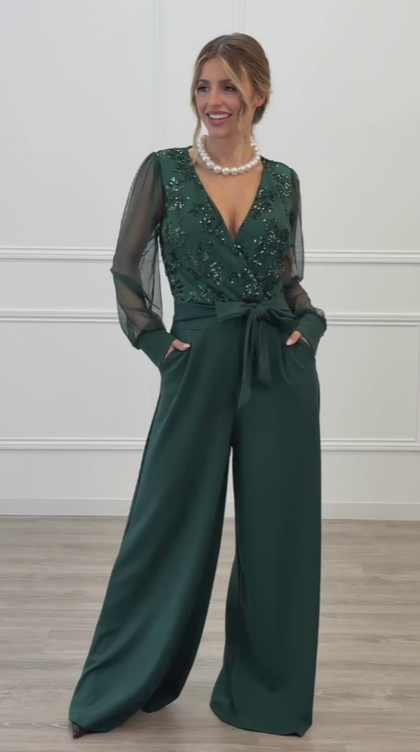 Meira - Mesh Long Sleeves Embellished Jumpsuit