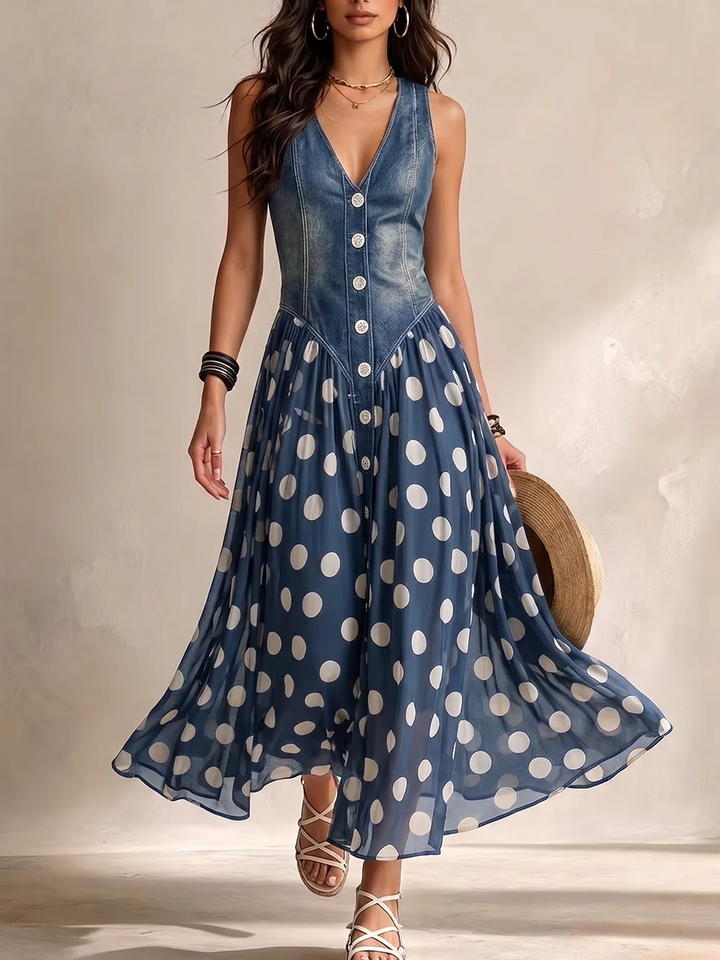 Briisa - Denim Dress With Polka Dot Chiffon Skirt
