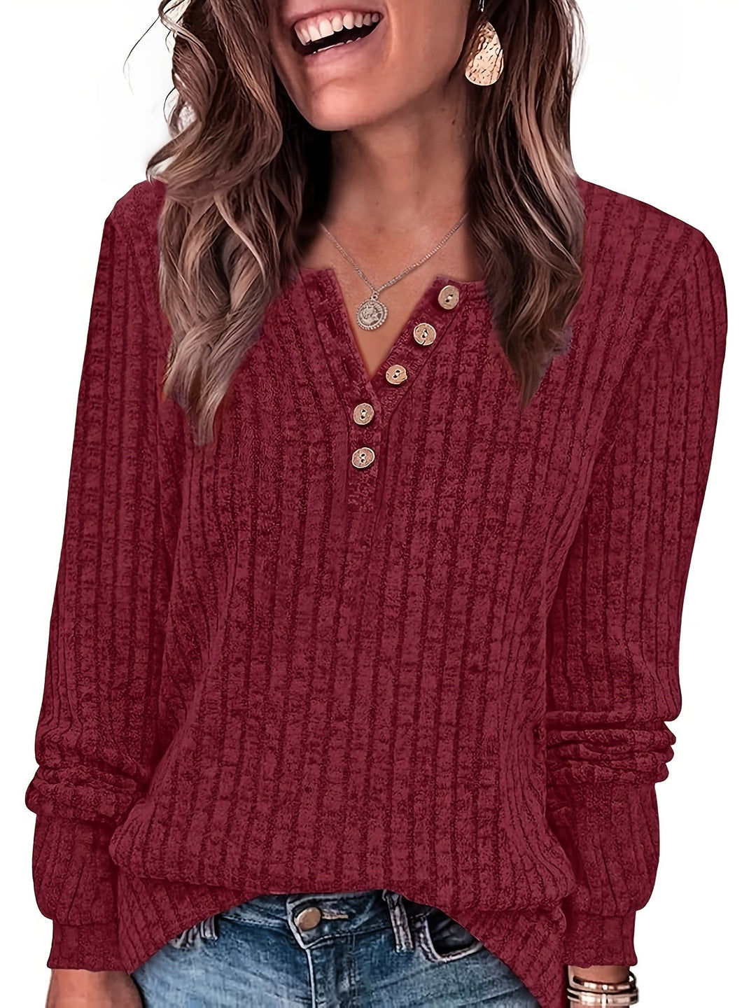 Roweelle - Long Sleeve Ribbed Button Henley Top