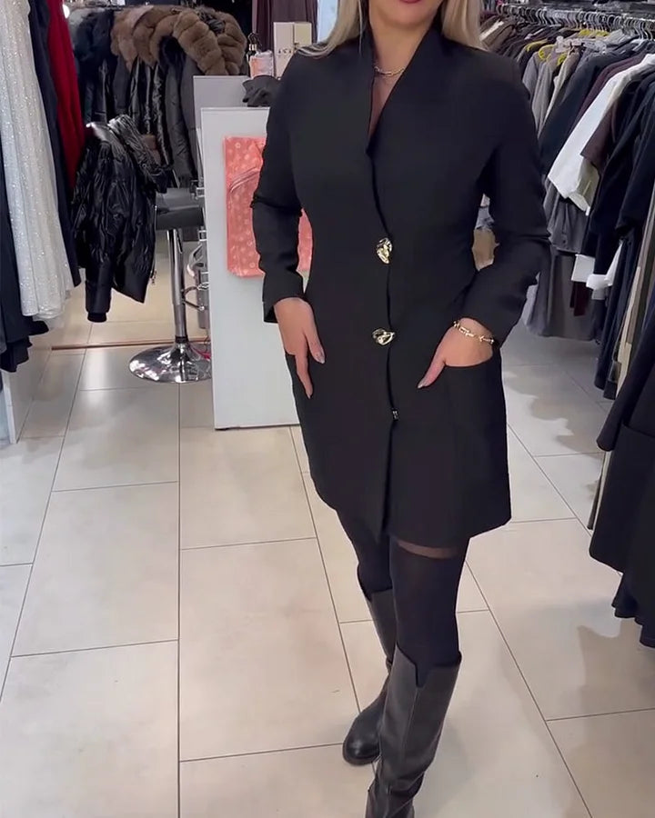 Shireen - Stand-up Collar Metal Button Dress