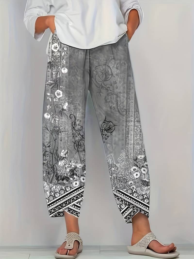 Thimasha - Vintage Floral Capri Pant With Elastic Waist