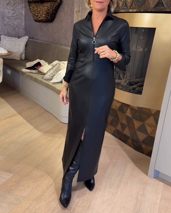 Laila - Fashionable PU Leather Zippered Dress