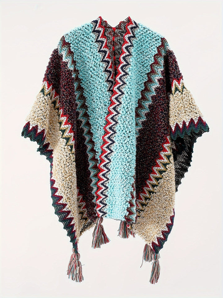 Raffalosa - Tassel Striped Blanket Cape Travel Jacket
