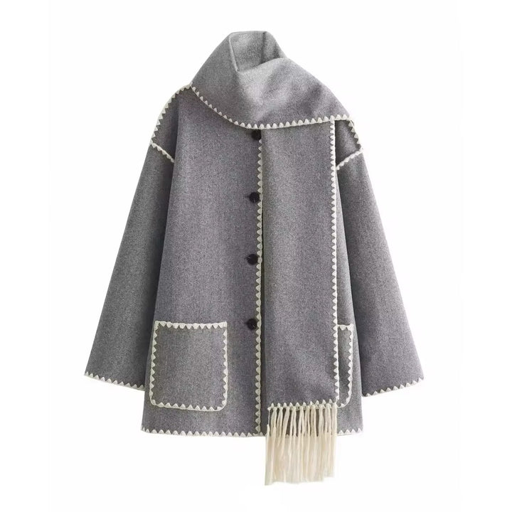 Anelinoria - Embroidered Fringe Coat With Matching Scarf