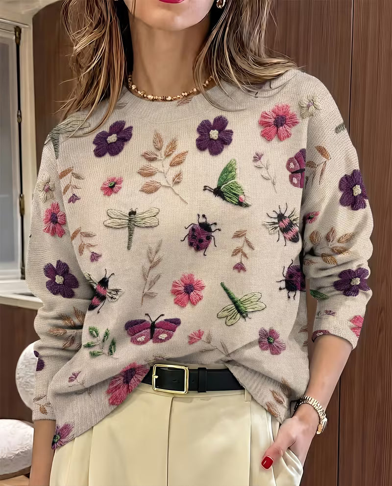 Soleilys - Casual Floral And Insect Print Sweater