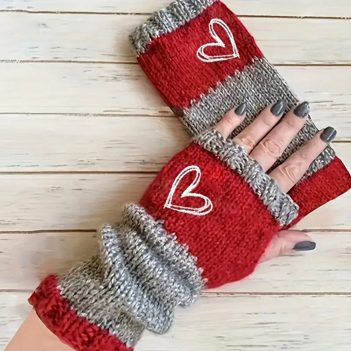 Eirlys - Knitted Fingerless Gloves With Heart Motif