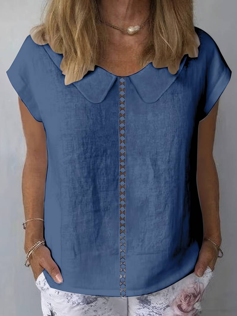 Krischelle - Lapel Lace Splicing Short Sleeve Sweater