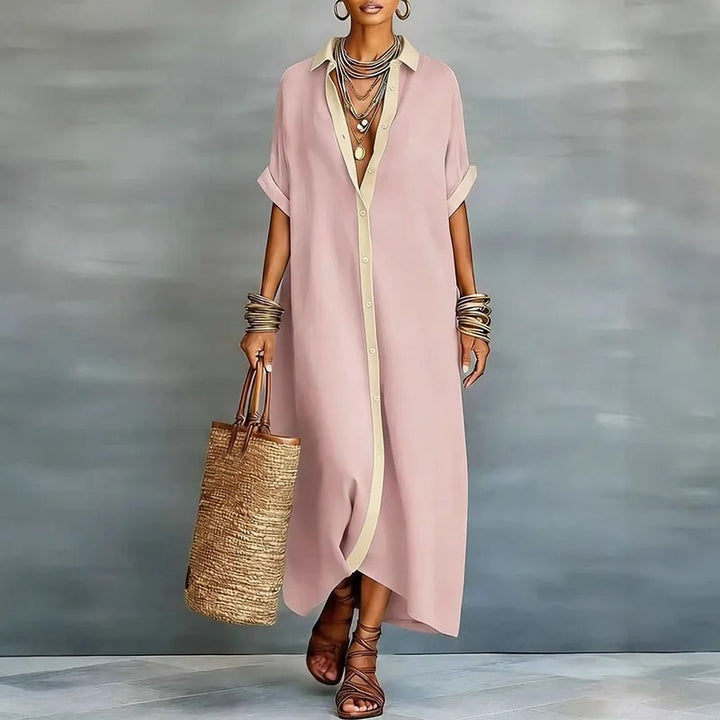 Nerena - Elegant Draped Notched Collar Shirt Dress
