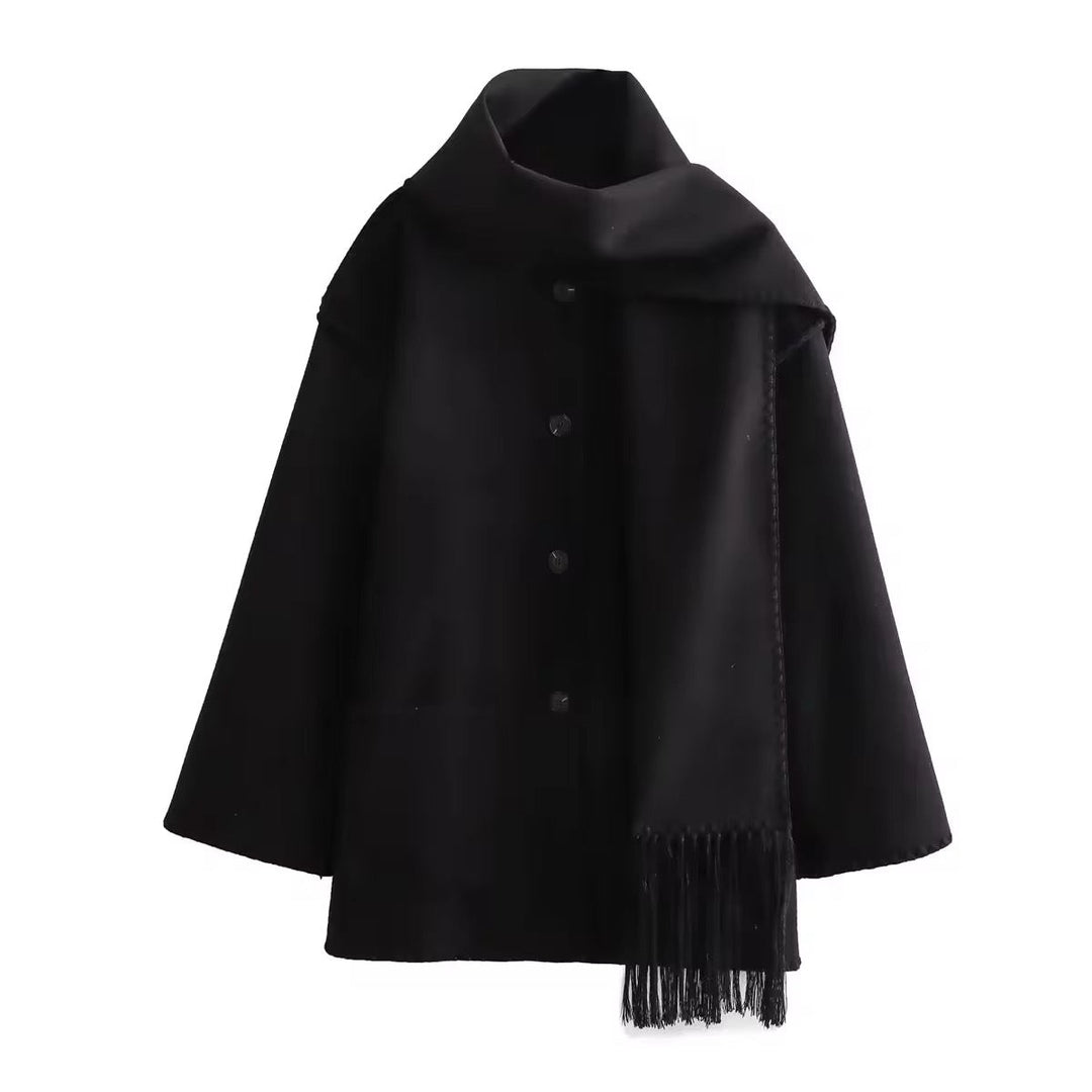Anelinoria - Embroidered Fringe Coat With Matching Scarf