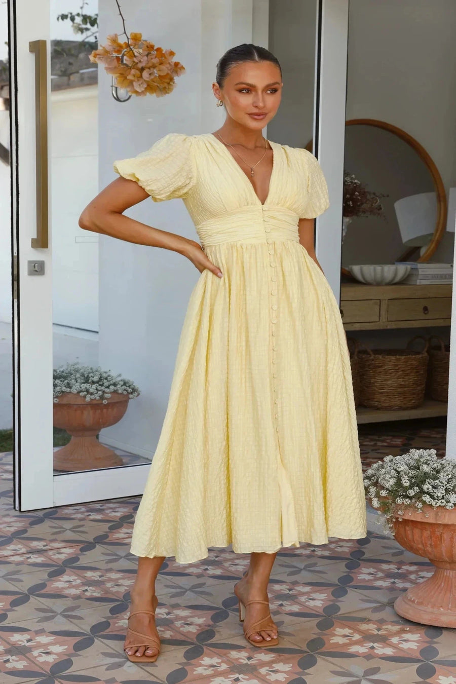 Sneja - Elegant Puff Sleeve Button Dress