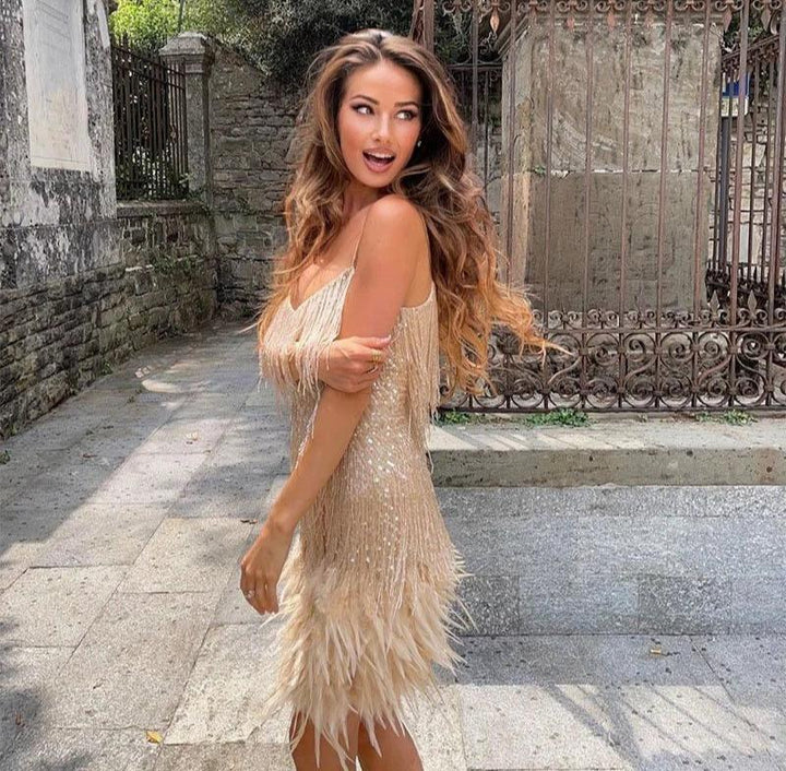 Jemima - Stylish Feather Splicing Mini Dress