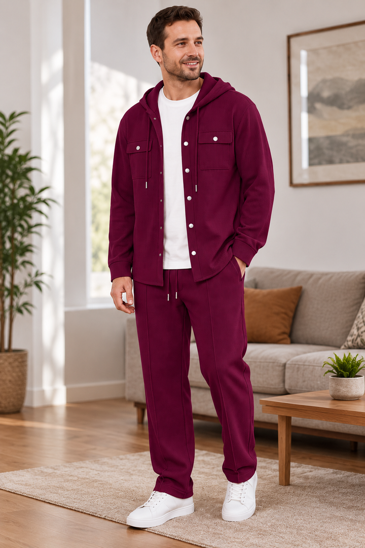 Zinuflow - Waffle Print Hooded Jacket And Pants Set