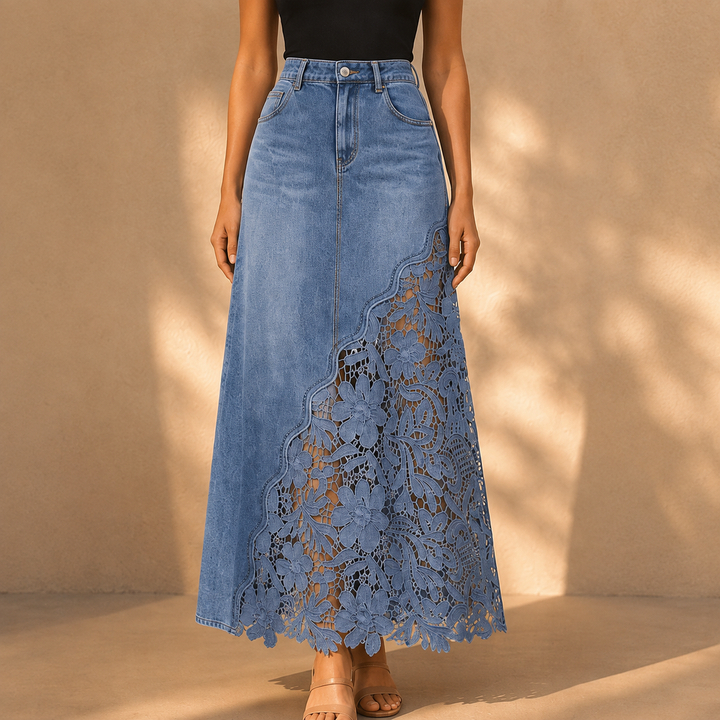 Quenurana - Lace Denim Maxi Skirt