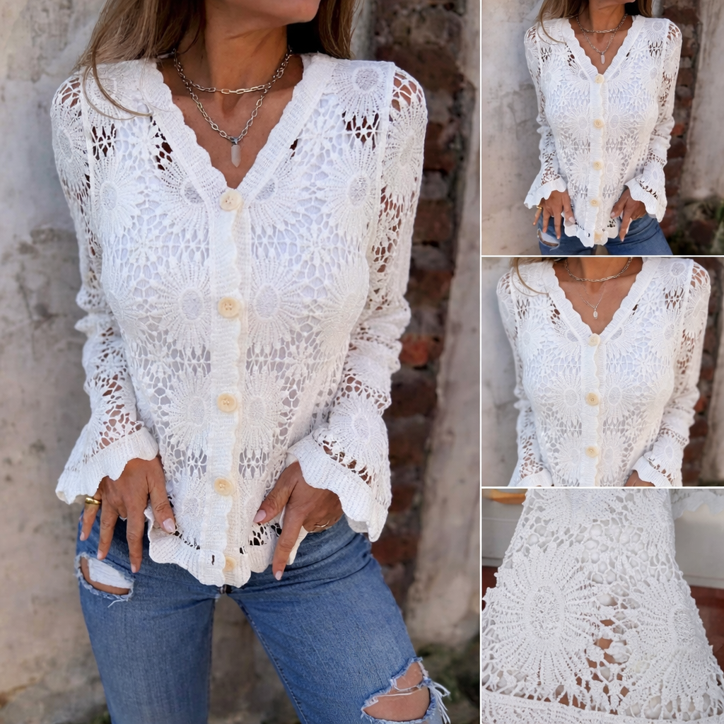 Imalka - Long Sleeve Lace V-Neck Top