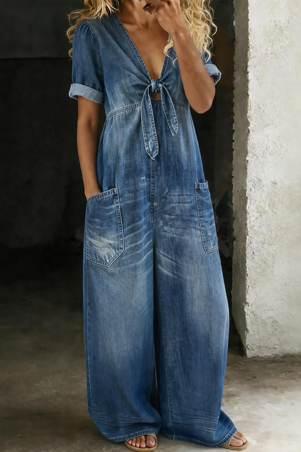 Zeta - V-neck Short Sleeved Jumpsuit