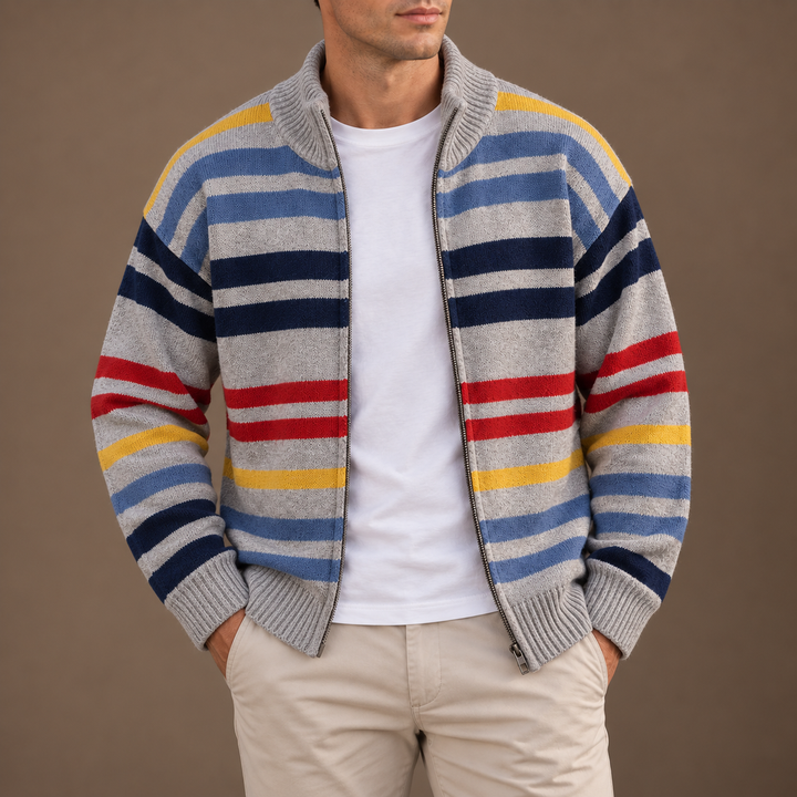 Ingrosuza - Cardigan with Multicolor Stripes and Zip Closure