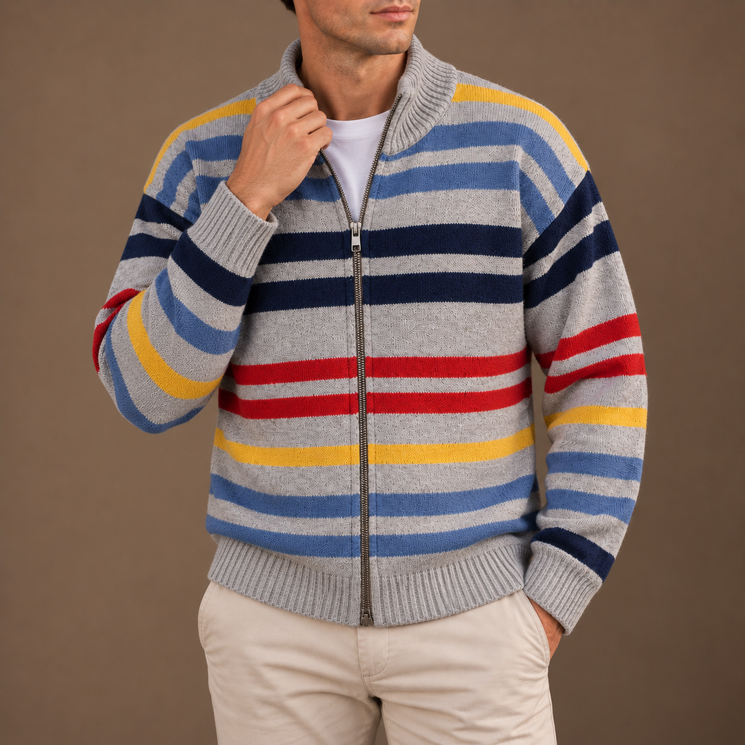 Ingrosuza - Cardigan with Multicolor Stripes and Zip Closure