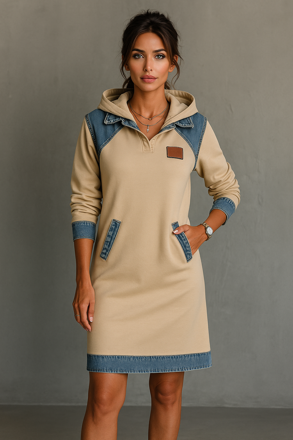 Viktoria - Casual Hooded Denim Insert Dress
