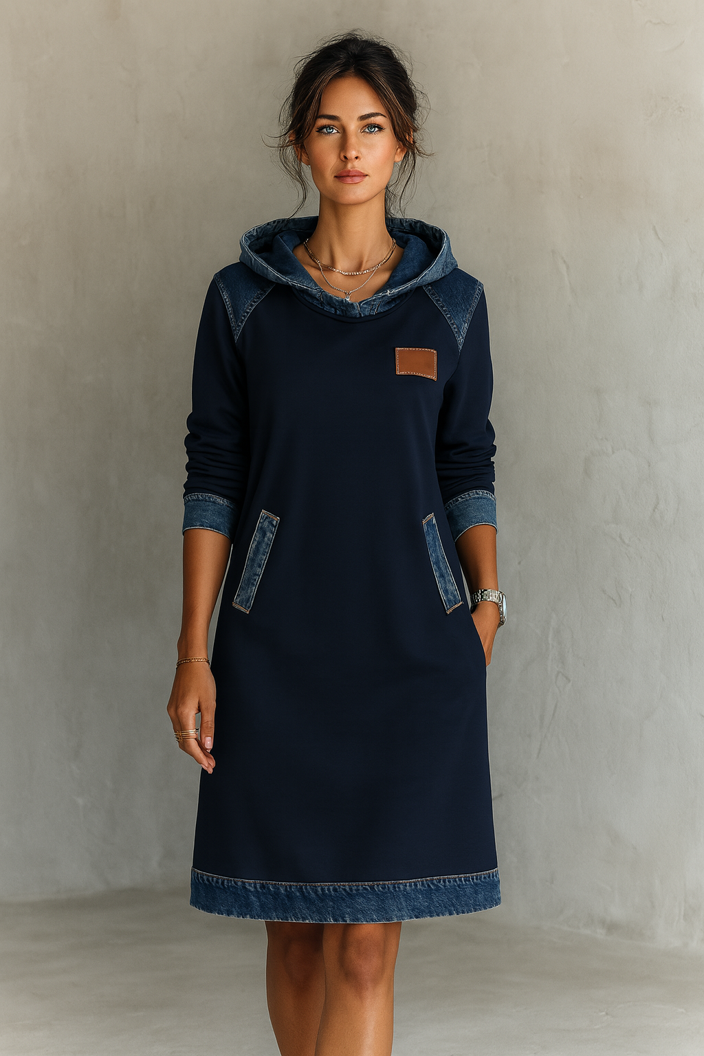 Viktoria - Casual Hooded Denim Insert Dress