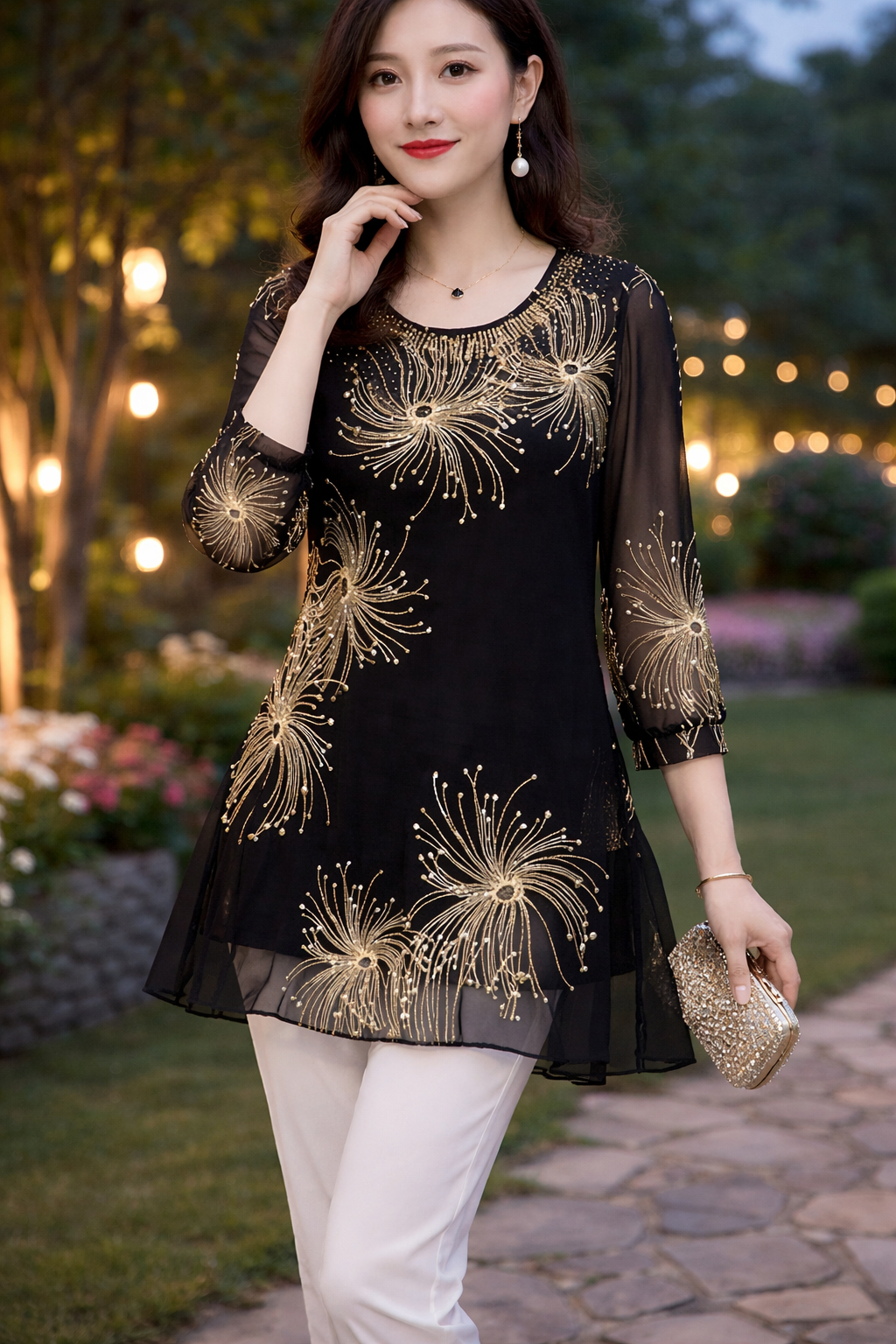 Skirmante - Chiffon Printed Tops With O-Neck