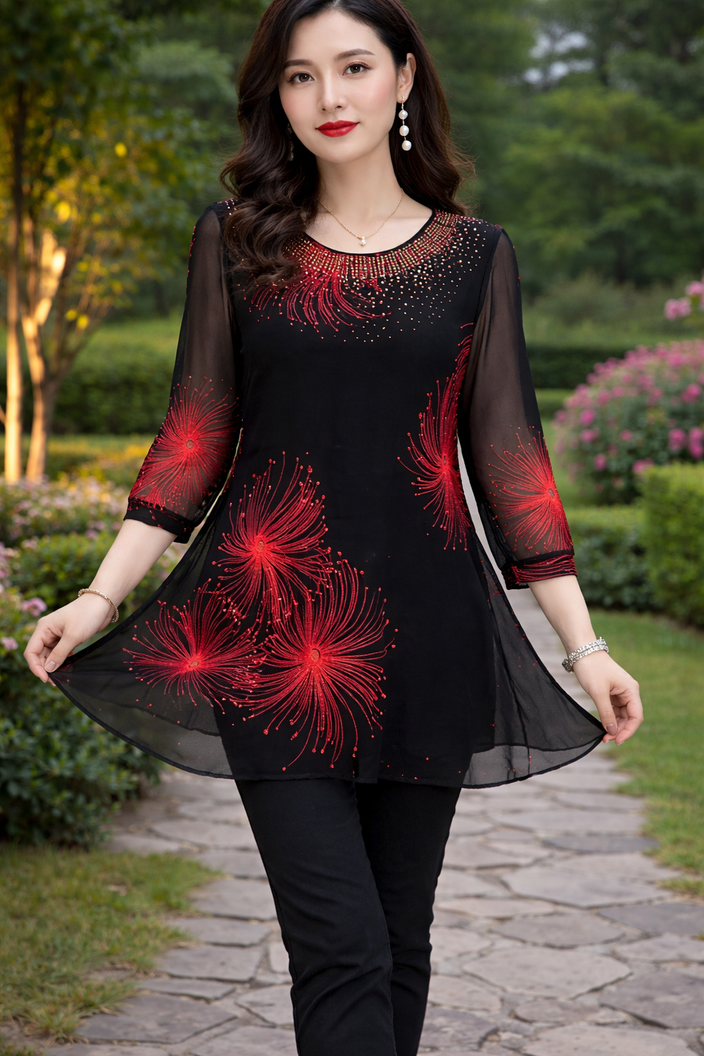 Skirmante - Chiffon Printed Tops With O-Neck