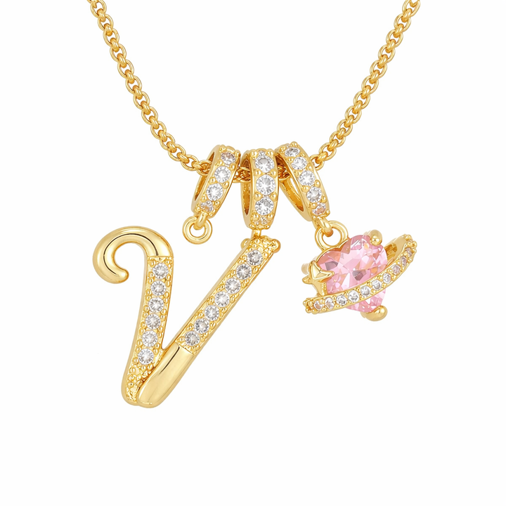 Nerute - Initial Letter Necklace With Pink Heart Charm