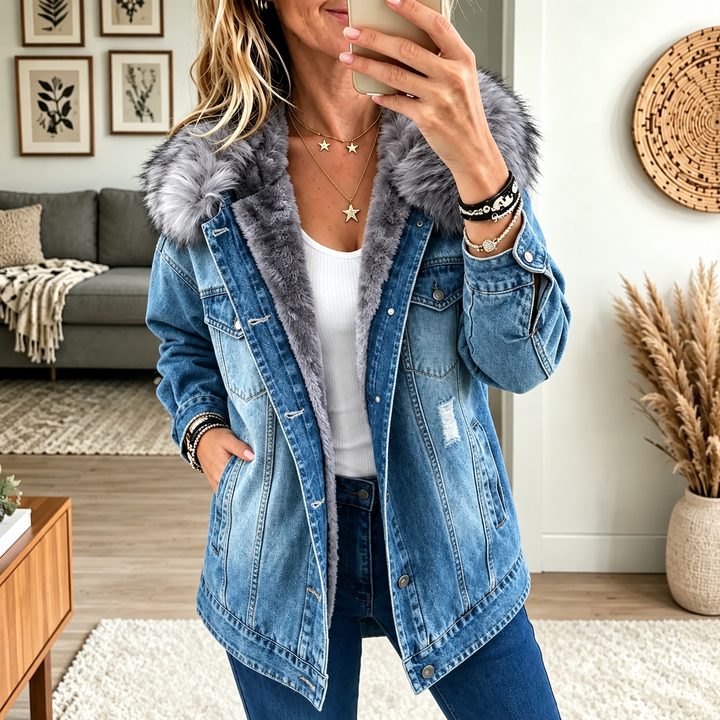 Ottiioria - Denim Jacket With Fur Collar