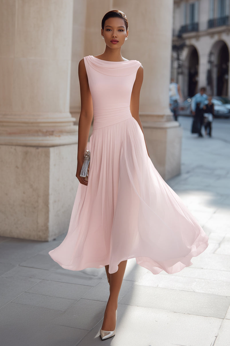 Ottiiuza - Sleeveless Draped Neck Pleated Midi Dress