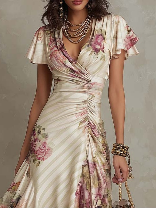 Neomi - Elegant Retro Floral Satin Dress