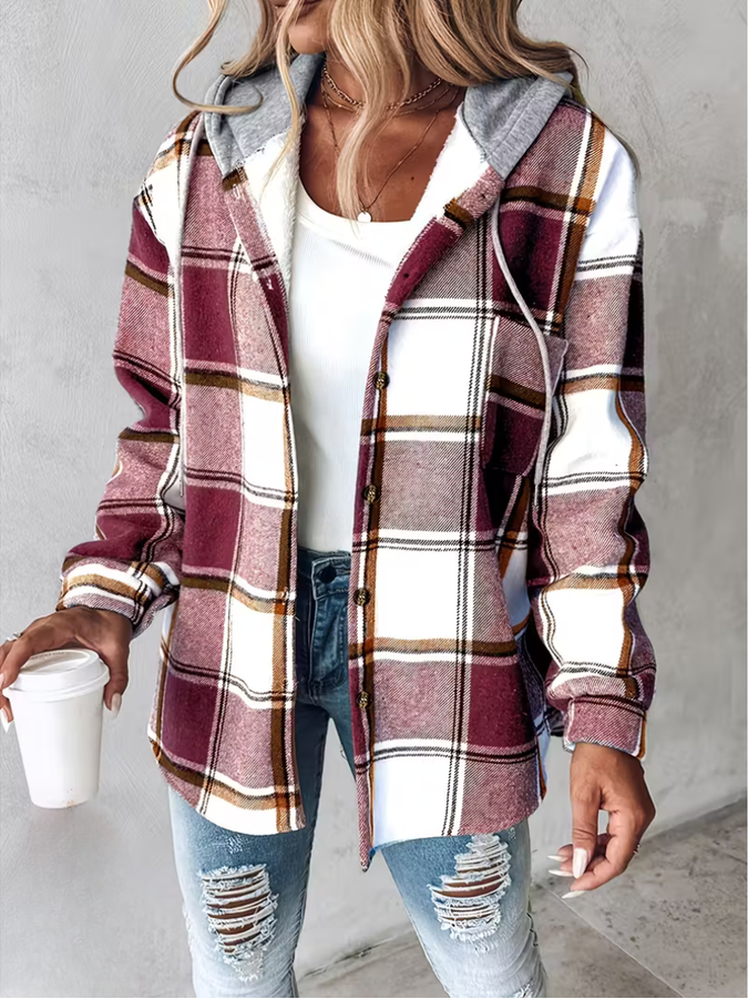 Liene - Hooded Checked Button Up Shirt Jacket