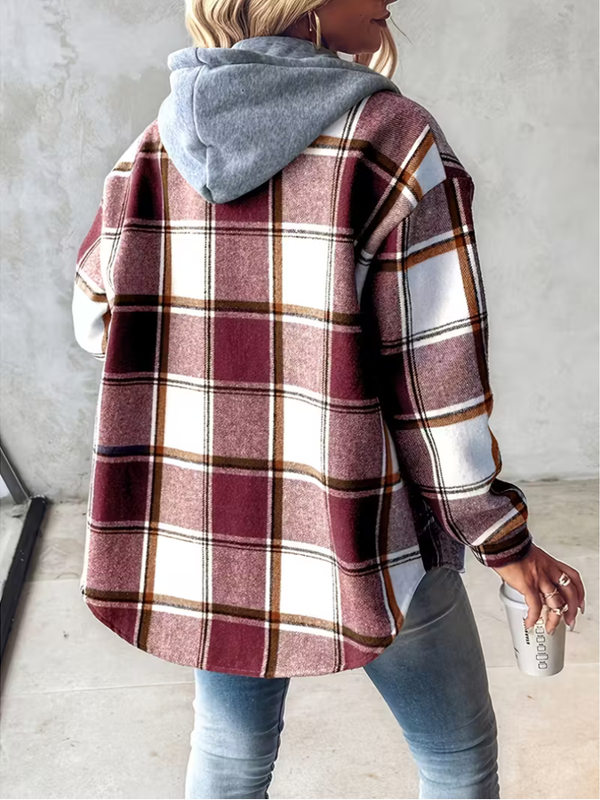 Liene - Hooded Checked Button Up Shirt Jacket