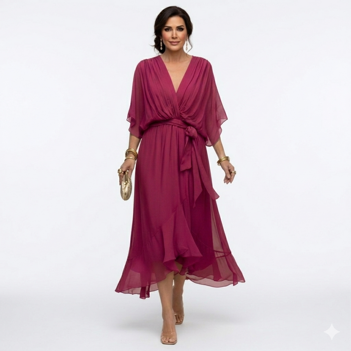Zagda - Elegant V-Neck Midi Dress